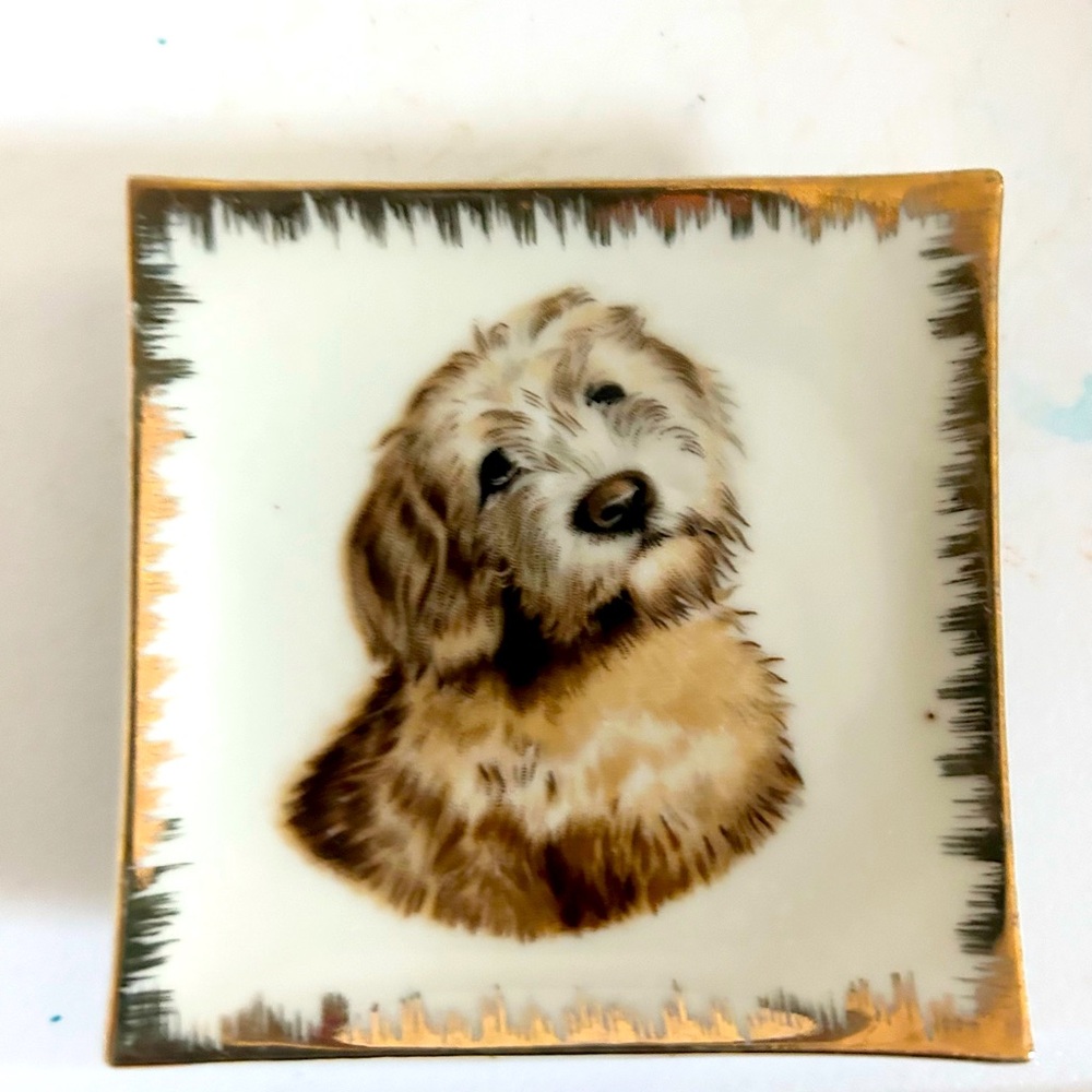 Vintage Made in Japan World Creations Orimco Fluffy Terrier Gold trim plate
